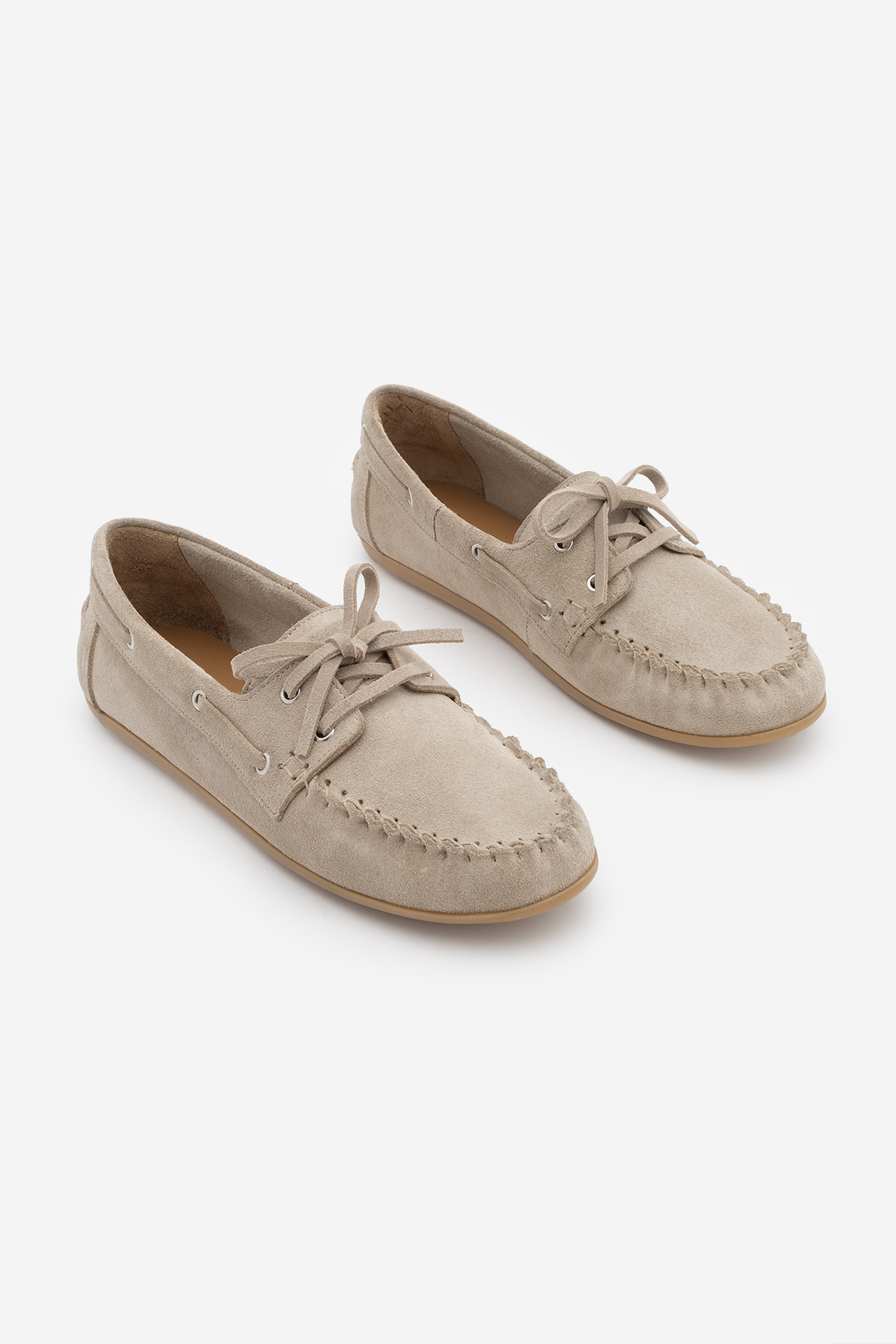 Marjin  Kadın Oval Burun Hakiki Deri Bağcıklı Makosen Büzgülü Loafer Günlük Ayakkabı Rudez Bej Süet - Görsel 5
