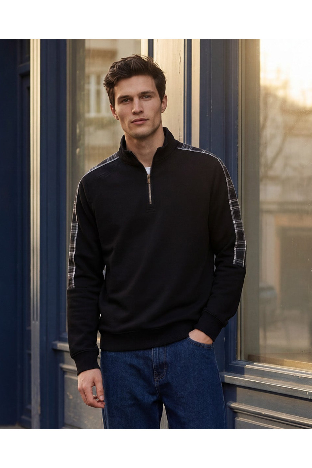 REDTAG Men Black Front Zip Sweatshirt