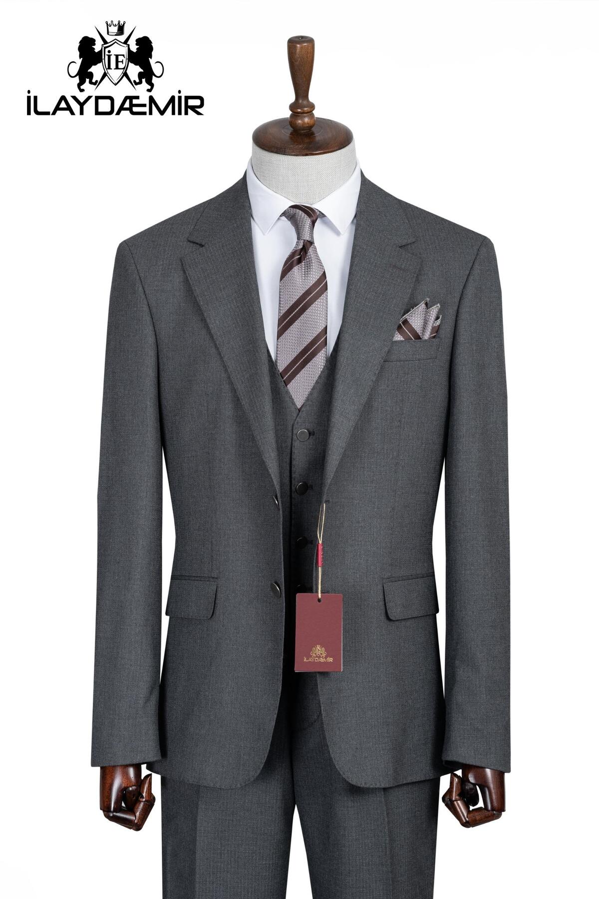 ilayda emir Dark Gray Slim Fit, 3 Piece Suit, Men's Suit with Vest, Premium Fabric, Office and Special Occasion Suit