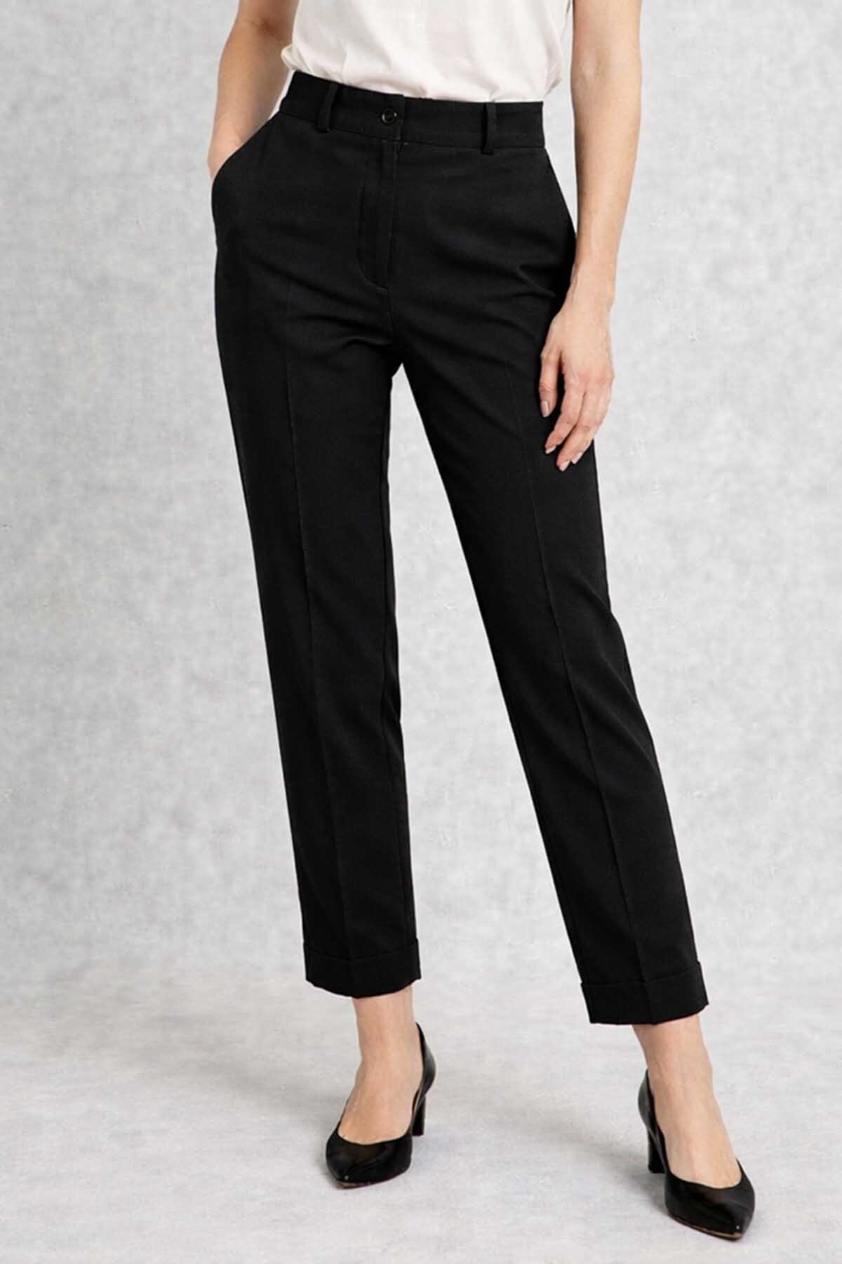 Plus Size Women's Slit Detail Wrist Fabric Pants 07 Black
