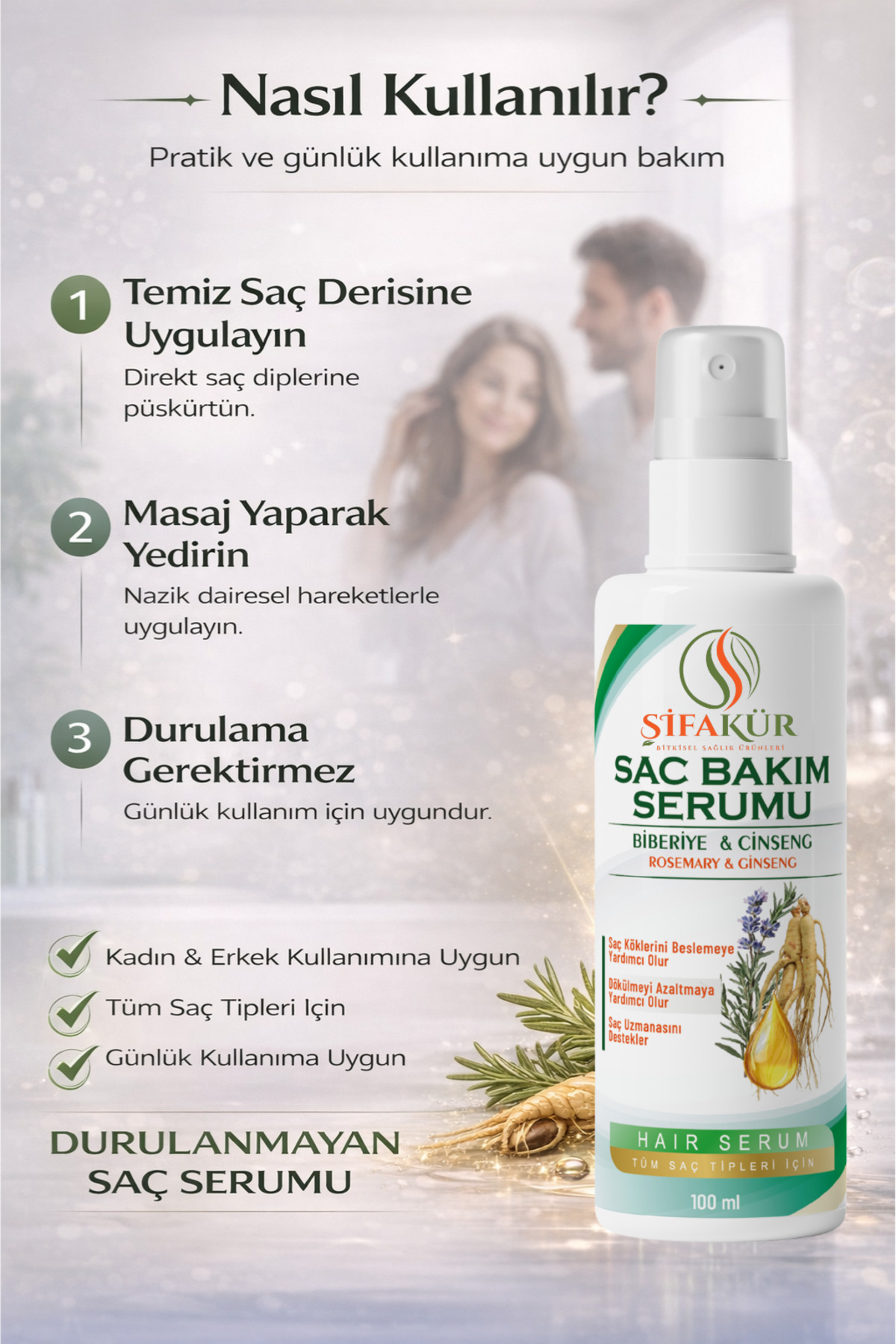 Saç Serumu 100 ml Biberiye Ginseng Biotin Keratinli Canlandırıcı Saç Bakım Serumu — SAÇBAKIMSERUMU — تصویر 5 از 7
