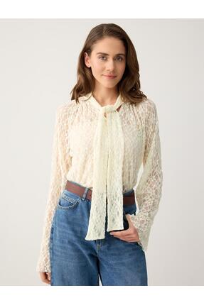 Jimmy Key Kırık Beyaz Bol Kesim Boyundan Bağlı Uzun Kollu Örme Bluz