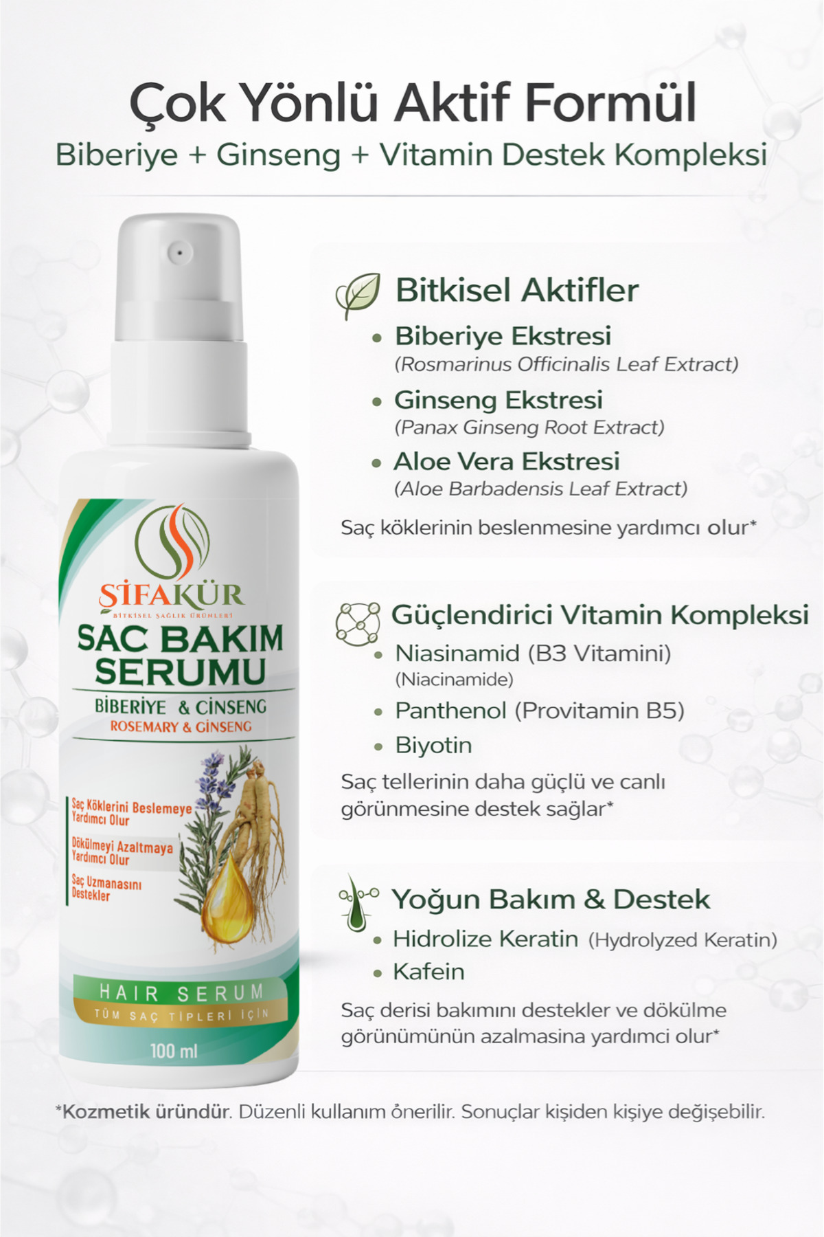 Saç Serumu 100 ml Biberiye Ginseng Biotin Keratinli Canlandırıcı Saç Bakım Serumu — SAÇBAKIMSERUMU — تصویر 2 از 7