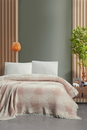 EVFENDİ Patara Kiremit & Hardal 3 Katlı Jakarlı Çift Kişilik Müslin Pike Yata...