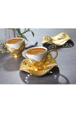 BUSEM 6 lı Eylül beyaz Porselenli Kahve Takımı – Nikel