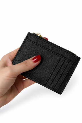 LOVİVA BAGS Kadın Siyah Simli Fermuarlı Kartlık Cüzdan – Gold Detaylı