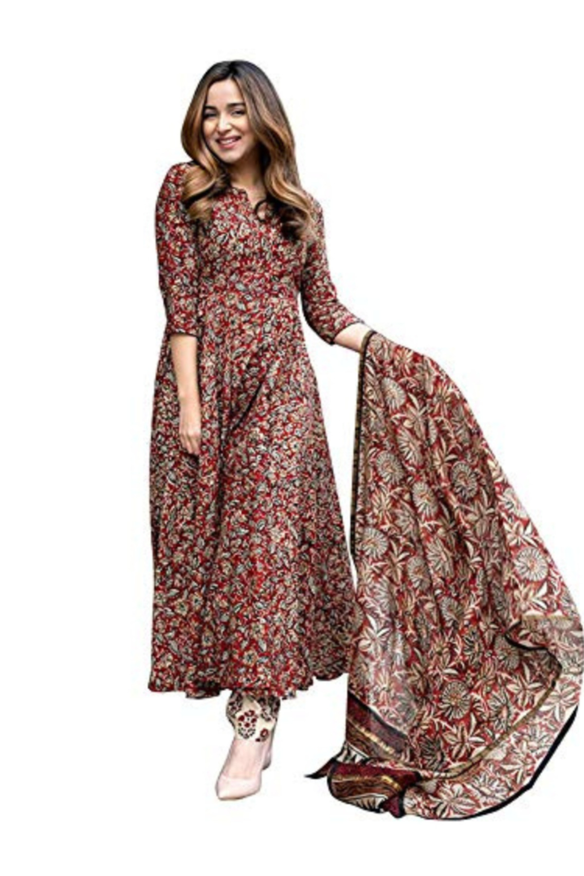 MYSMAR Red Viscose Rayon Kameez Salwar & Dupatta - VRN1031 | Red