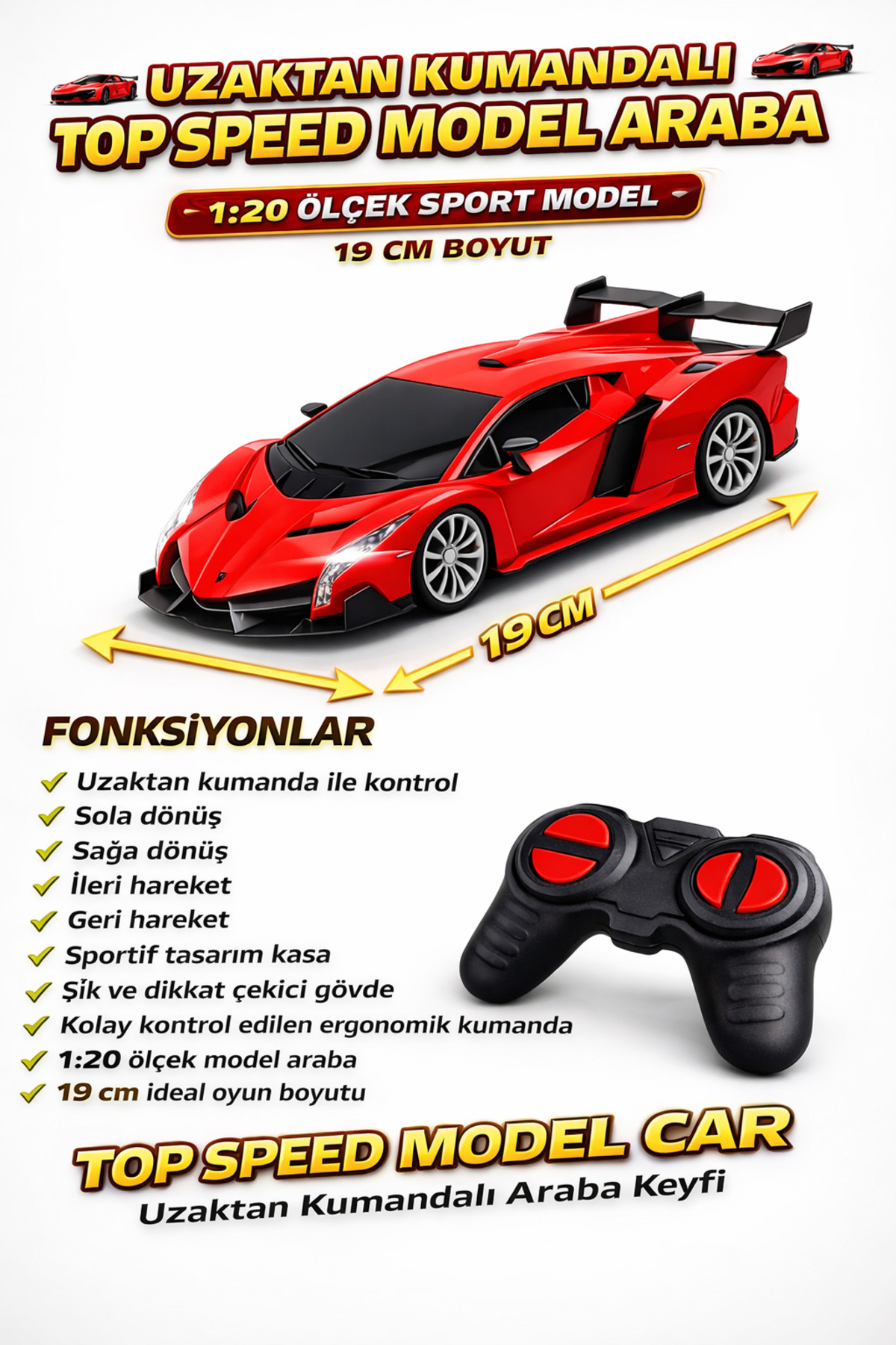 YILDIRIM OYUNCAK Uzaktan Kumandalı RC Lamborghini 19 CM Işıklı Spor Araba | Full Fonksiyon Pilli Yarış Arabas fotoğrafı 2 (önizleme)