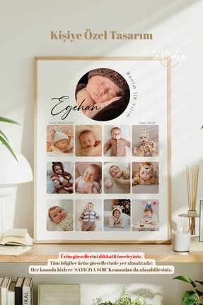 tablodea Kişiye Özel Tasarım Fotoğraf Baskılı 12 Ay Bebek Anı Tablosu TD Çerç...