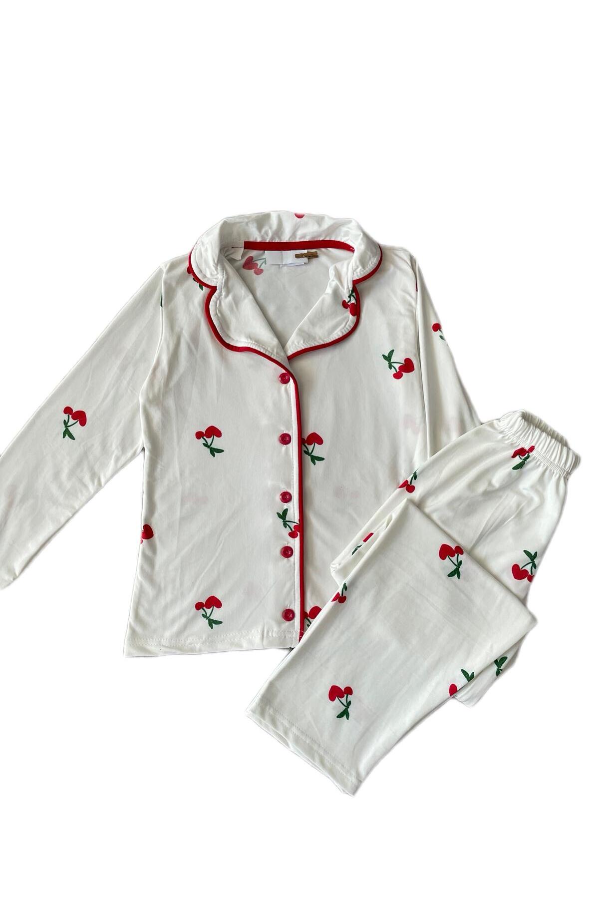 byalisdmr KIZ ÇOCUK PİJAMA TAKIMI YAZLIK %100 PAMUK MİLAN KUMAŞ KİRAZ DESEN BİYE DETAY GÖMLEK YAKA fotoğrafı 3 (önizleme)