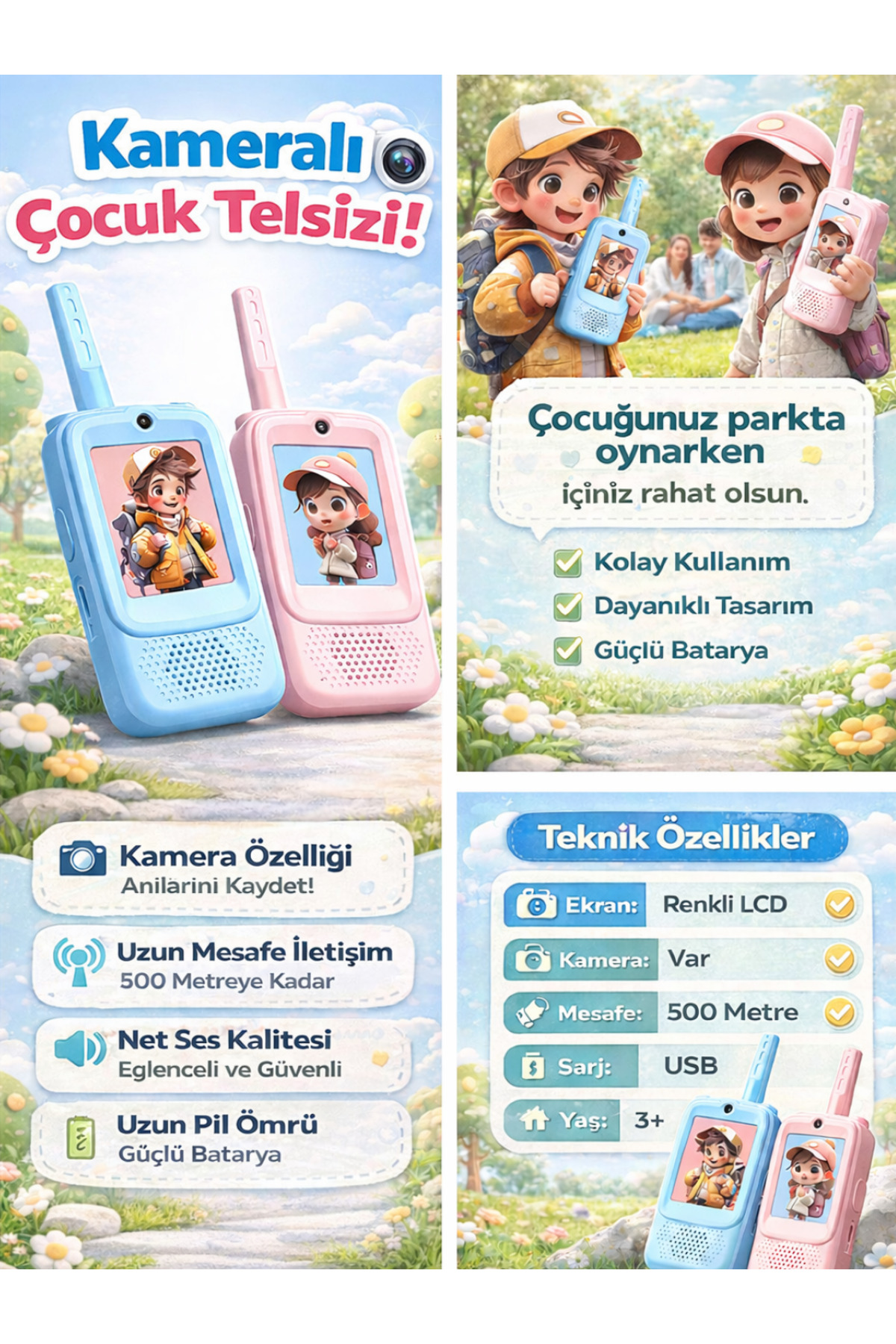 SONREİR Akıllı Kameralı Çocuk Telsizi Videolu Görüşme 1000 mAh Şarjlı 2.0” Renkli LCD Ekran Walkie Talkie fotoğrafı 2 (önizleme)