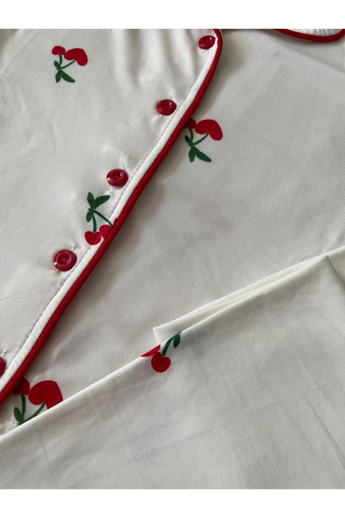 byalisdmr KIZ ÇOCUK PİJAMA TAKIMI YAZLIK %100 PAMUK MİLAN KUMAŞ KİRAZ DESEN BİYE DETAY GÖMLEK YAKA fotoğrafı 5 (önizleme)