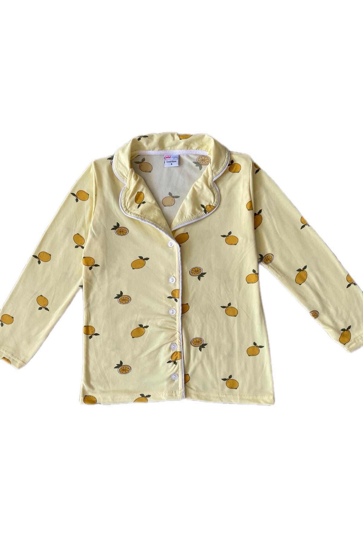 byalisdmr UNİSEX ÇOCUK PİJAMA TAKIMI YAZLIK %100 PAMUK MİLAN KUMAŞ LİMON DESEN BİYE DETAY GÖMLEK YAKA fotoğrafı 4 (önizleme)