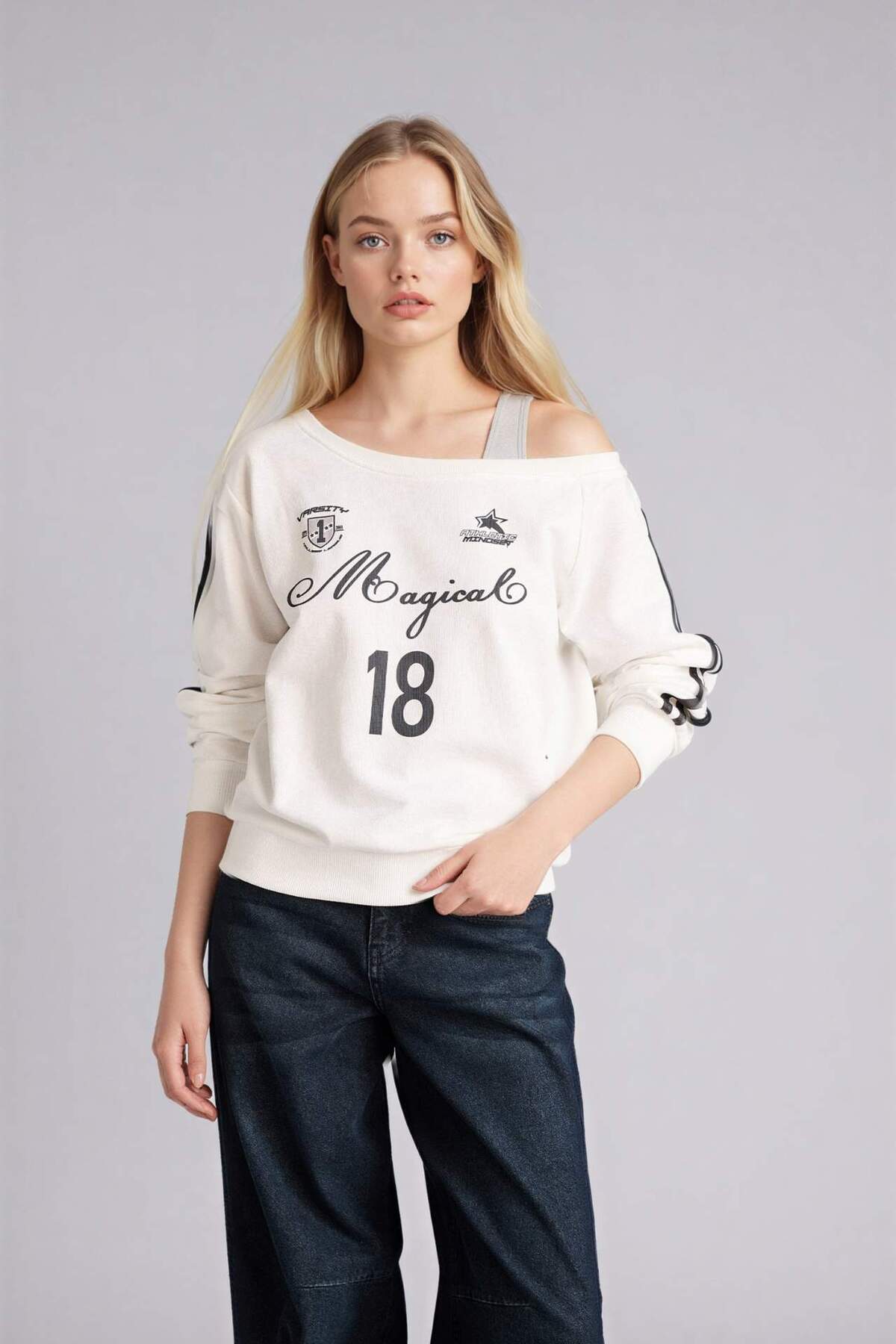 Defacto  Kayık Yaka Baskılı Sweatshirt G9614AX26SP - Görsel 3