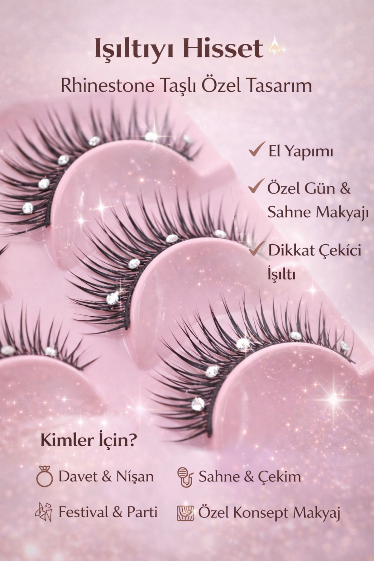 Rhinestone Taşlı Takma Kirpik Seti 5 Çift – Özel El Yapımı Işıltılı Model, Davet & Gece Makyajı — ALR-RHSTNOSTAŞ5 — تصویر 2 از 5