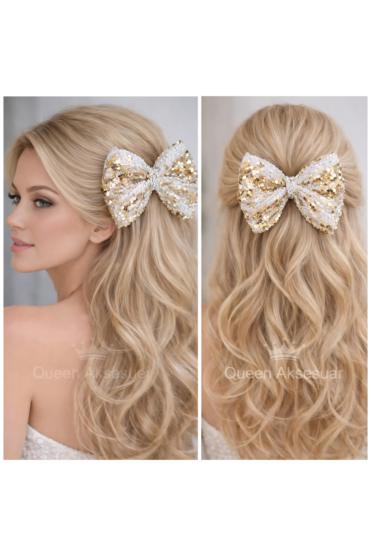 Luxury design shiny White Gold Sequined Large Bow Hairpin with Automatic Clip