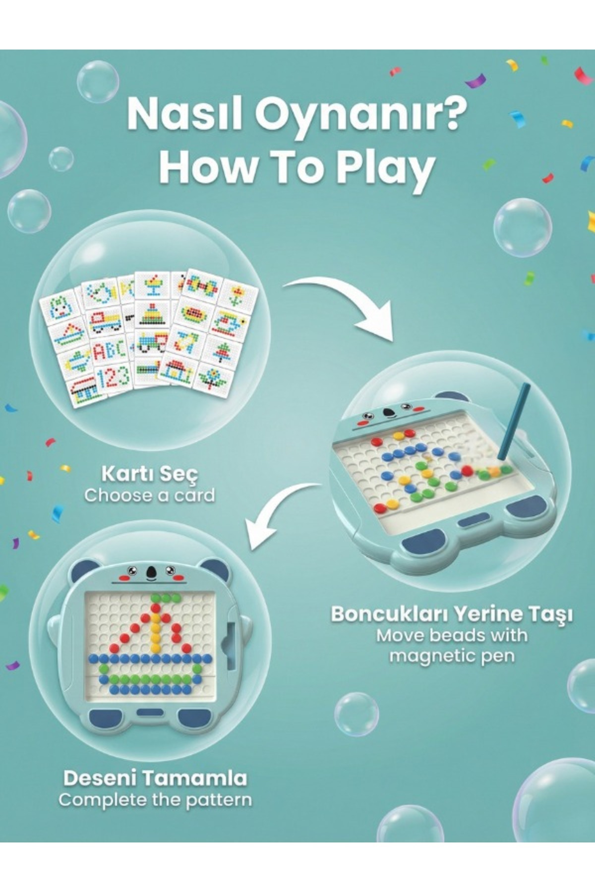 toysmilla Manyetik Çizim Tablası 16 Oyun Kartı Mıknatıslı Kalem Desen Tamamlama Eğitici Oyuncak Montessori fotoğrafı 2 (önizleme)