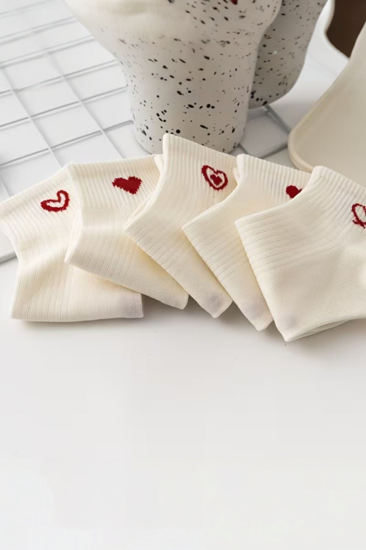 Hitit Socks Kadın 5 Çift Kalp Desenli Kısa Patik Çorap Ekru görsel 3