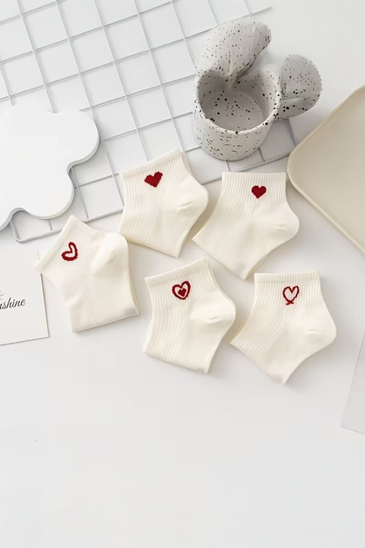 Hitit Socks Kadın 5 Çift Kalp Desenli Kısa Patik Çorap Ekru görsel 5