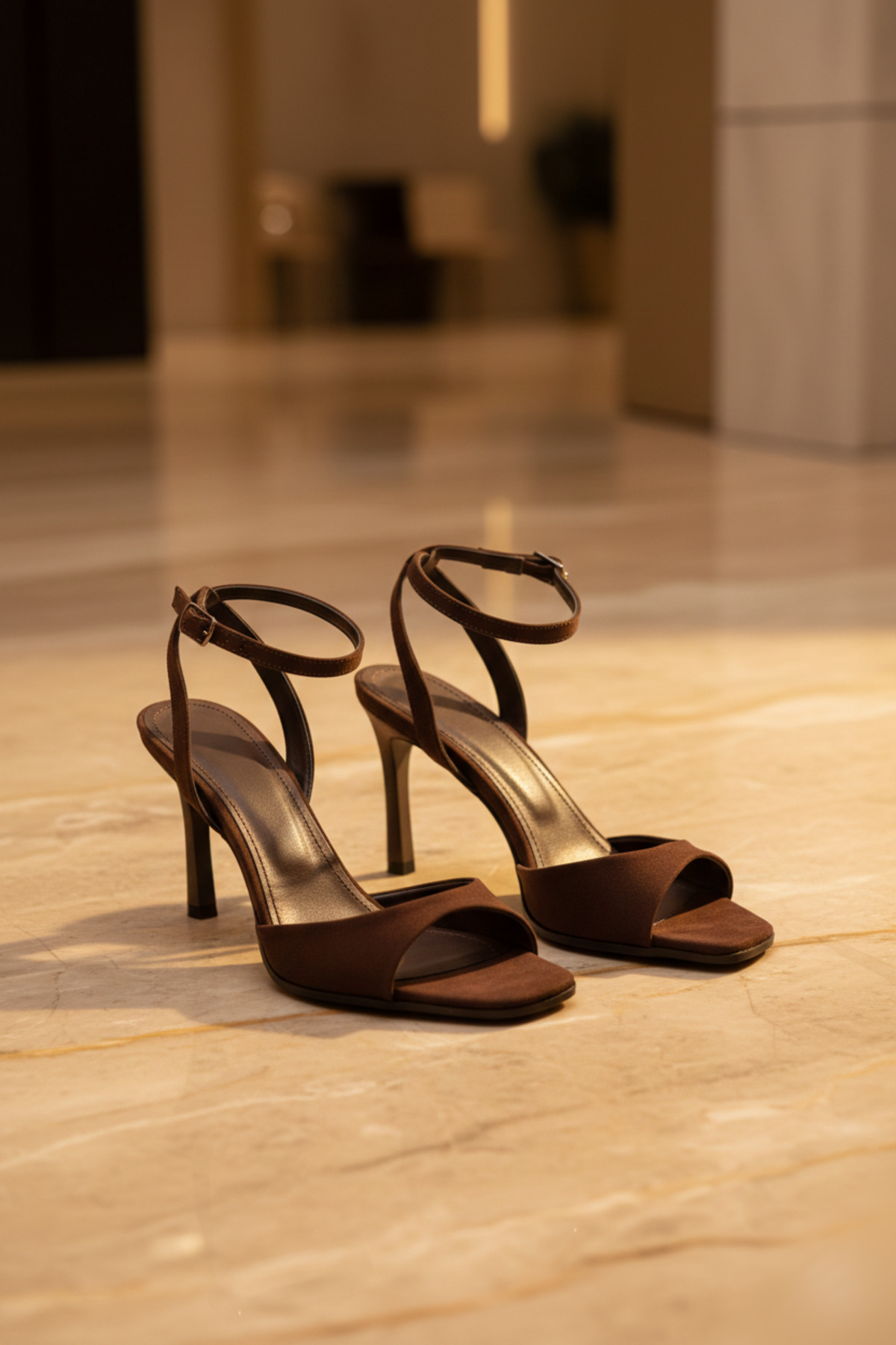 leopar by çetinay  Venezia –Kahverengi Saten İnce Topuklu, Bilekten Bantlı Lüks Topuklu Kadın Ayakkabı - Görsel 4