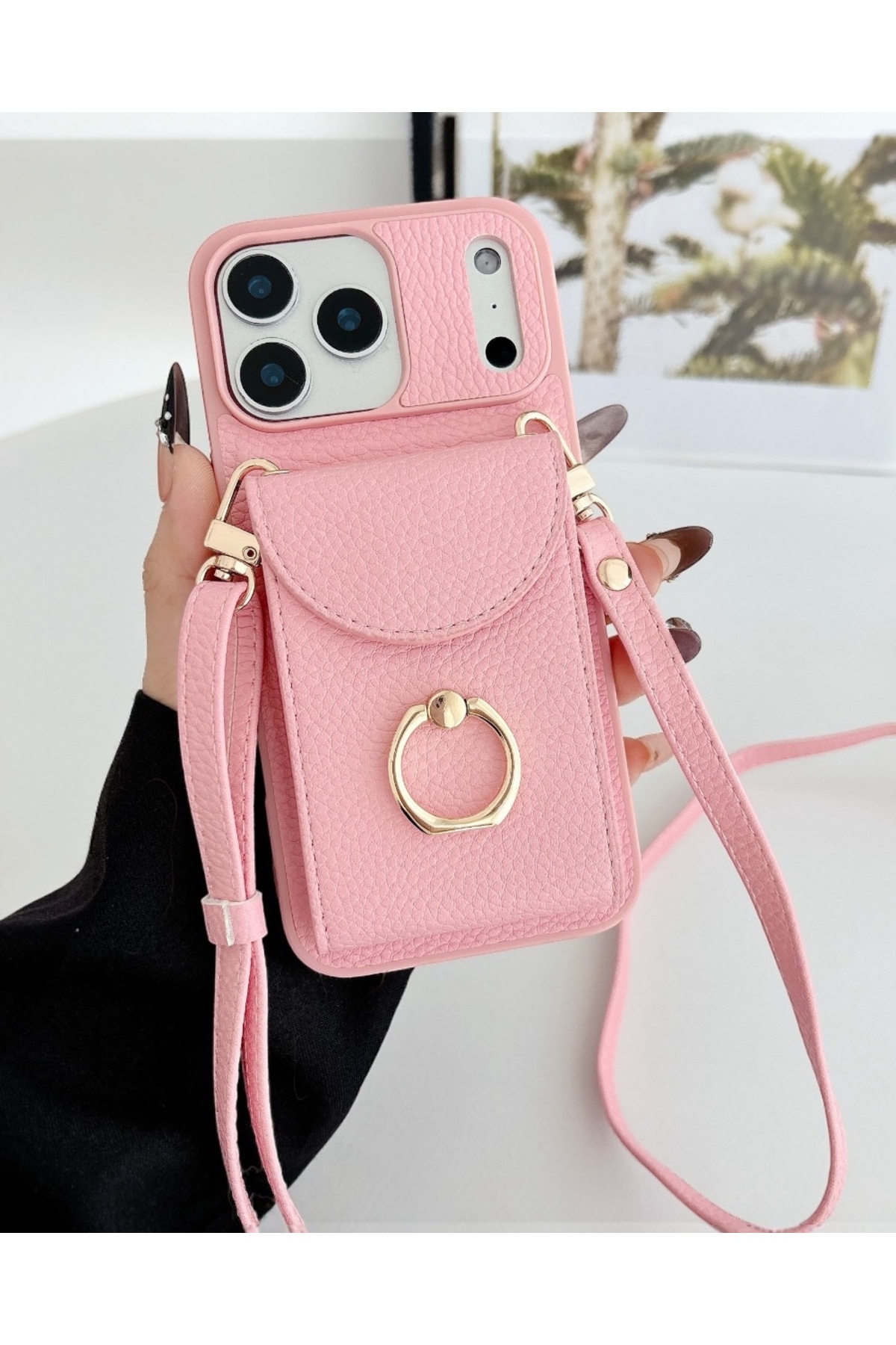 Iphone 14 Pro Max Compatible Ring Detailed Leather Case with Hanging Wallet