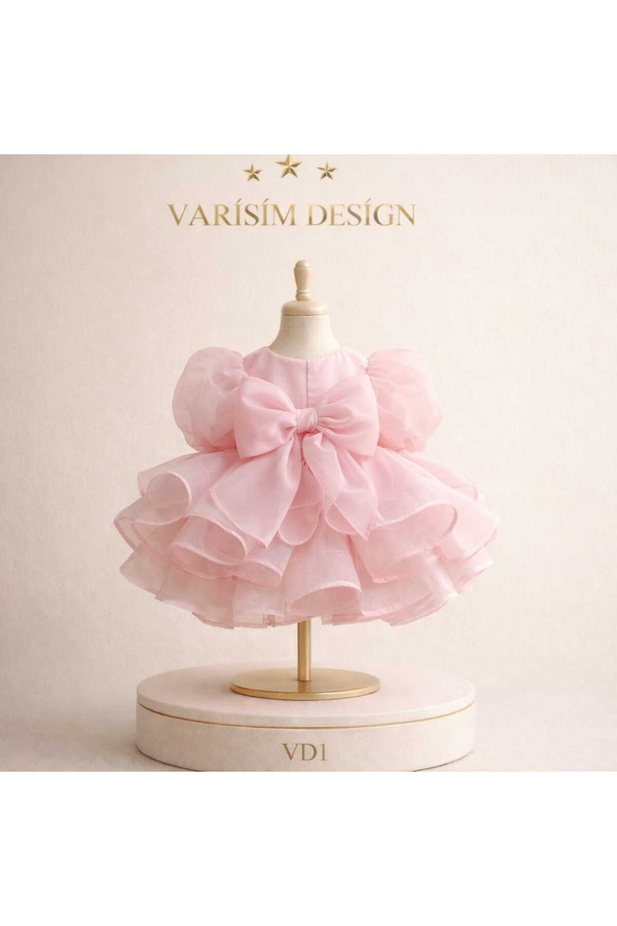 VARİSİM DESİGN  Kız Çocuk Elbisesi Toz Pembe Balon Kol Fiyonklu Tütü Prenses Doğum Günü Parti Elbisesi - Görsel 2