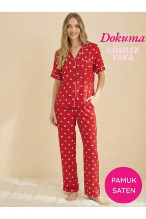 seamlife Kadın Kırmızı Maskülen Önden Düğmeli Gömlek Yaka Dokuma Pamuk Saten ...