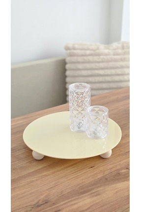 MUJA DEC 25 cm Krem Akrilik Dekoratif Sunum Tablası – Yuvarlak Ahşap Ayaklı O...