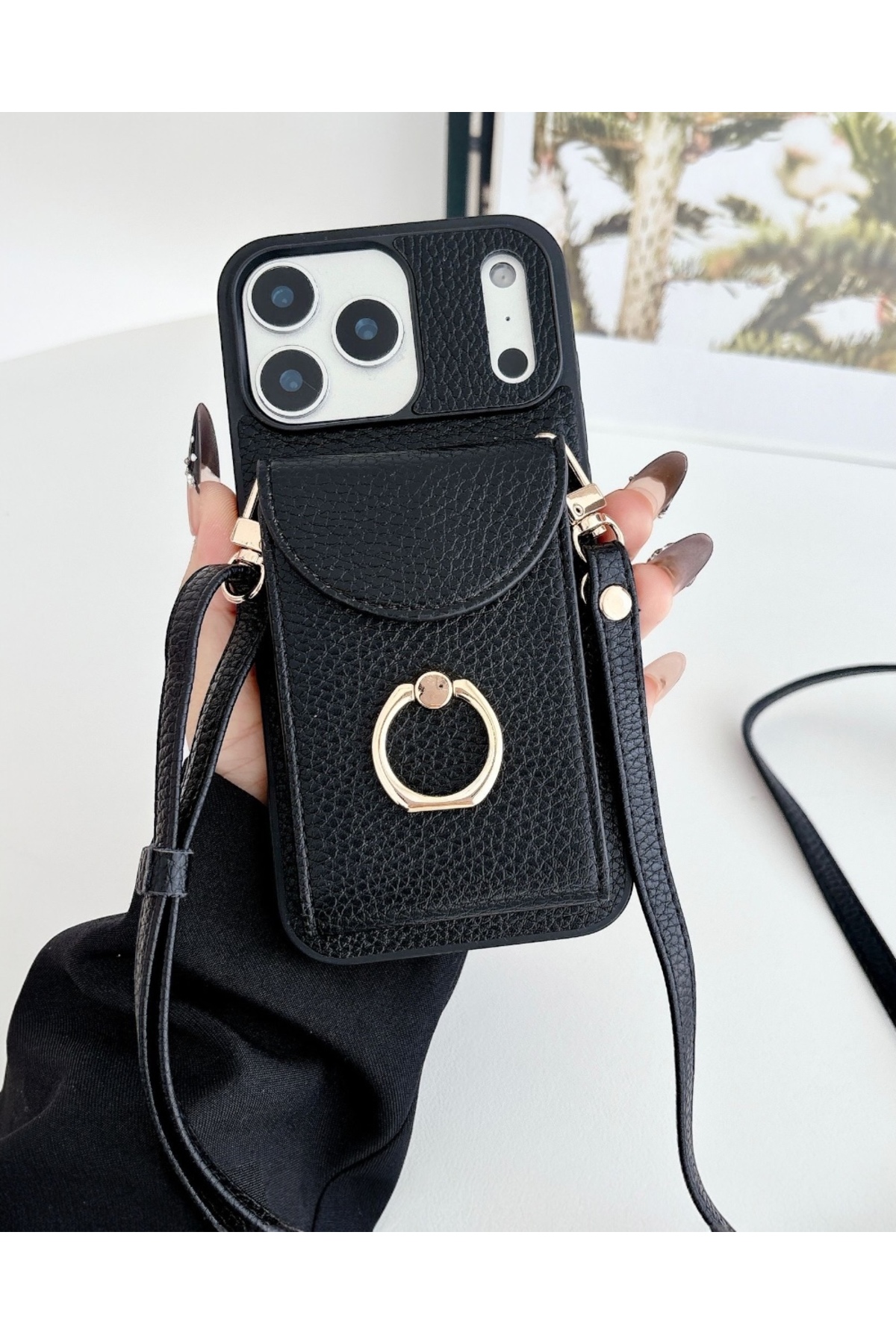 Iphone 14 Pro Max Compatible Ring Detailed Leather Case with Hanging Wallet