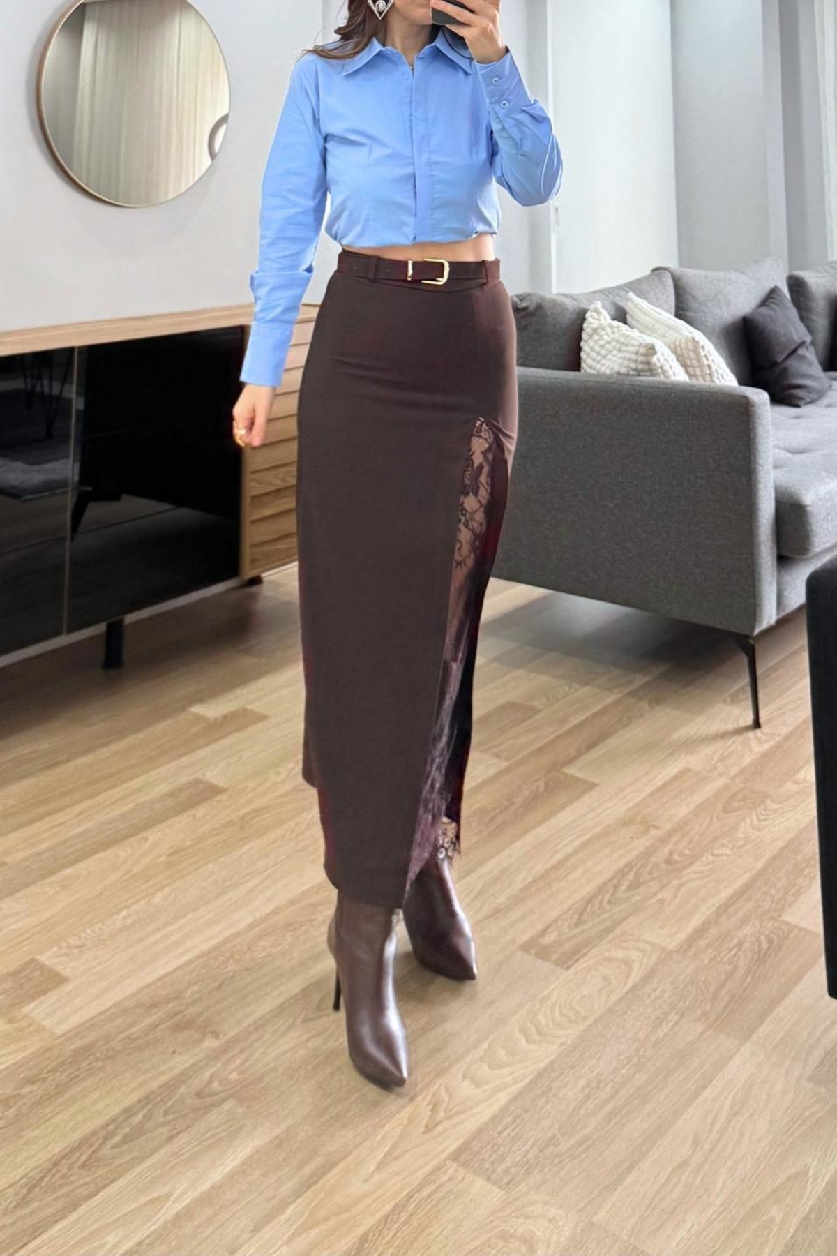 Banu Angay  Velora Yırtmacı Dantel Detaylı Etek Kahverengi - Görsel 2