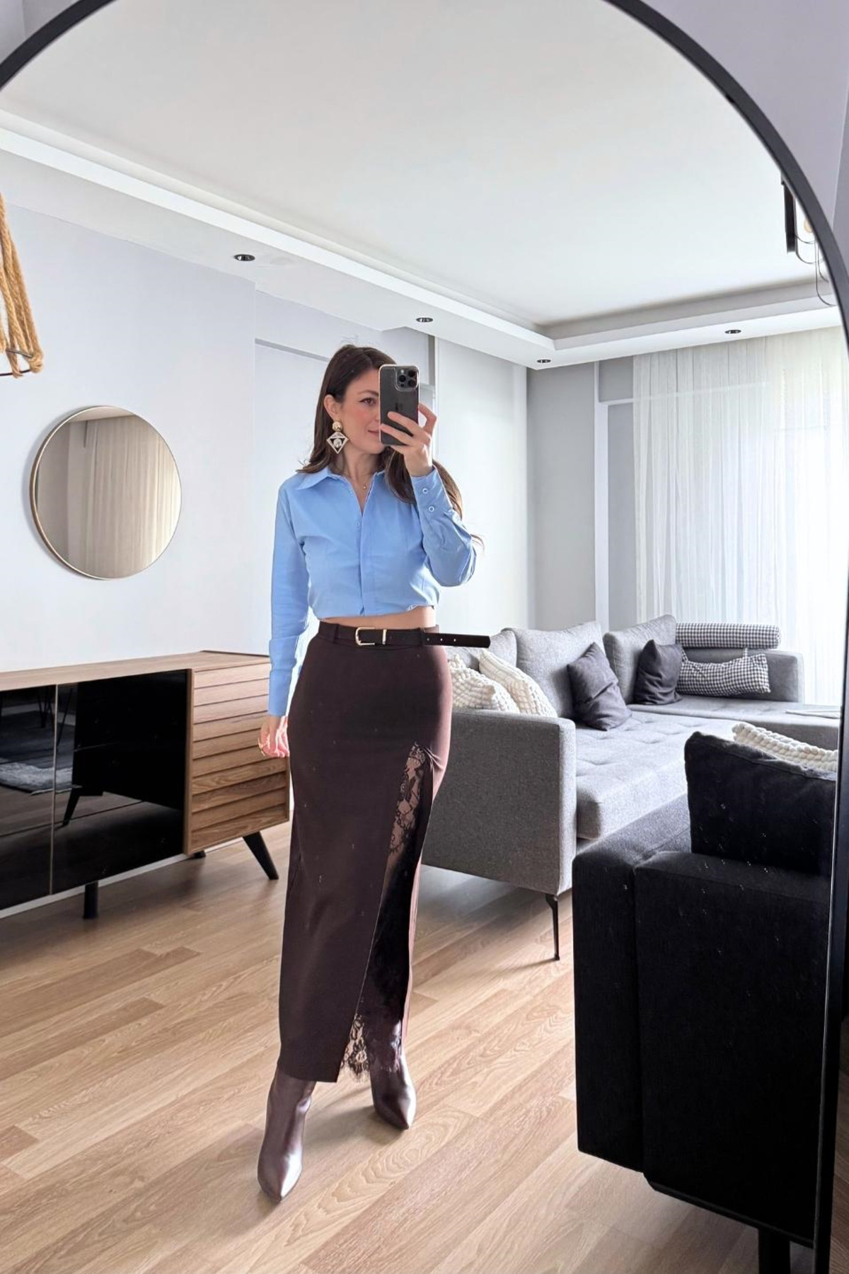 Banu Angay  Velora Yırtmacı Dantel Detaylı Etek Kahverengi - Görsel 6