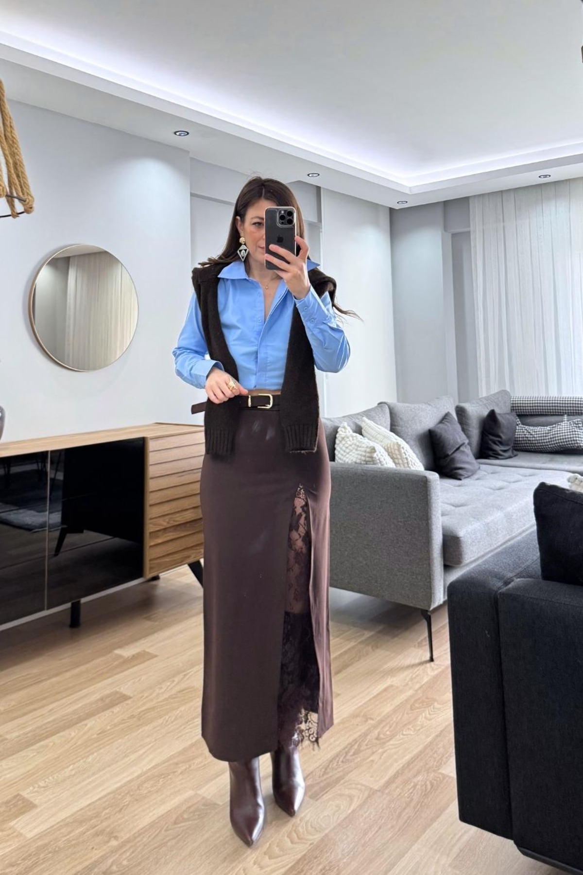 Banu Angay  Velora Yırtmacı Dantel Detaylı Etek Kahverengi - Görsel 3