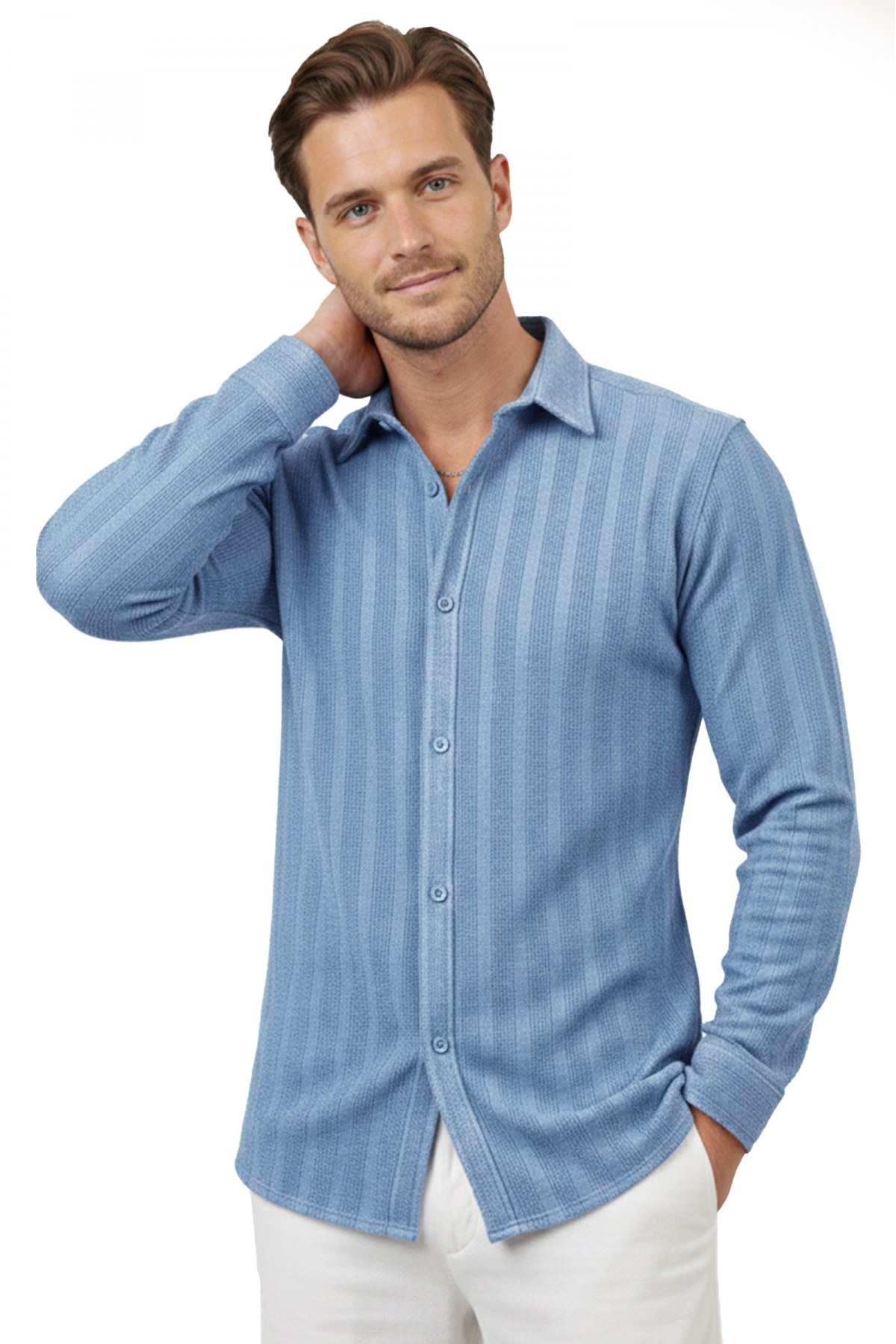 Blue Casual Knitted Fabric Lycra Men's Shirt 2602601