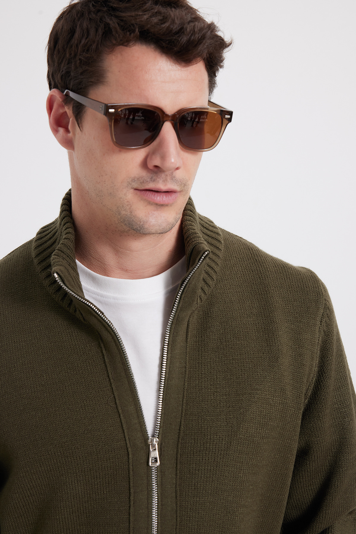 Tudors  Erkek Standart Fit Normal Kesim Fermuarlı Haki Hırka - Görsel 5