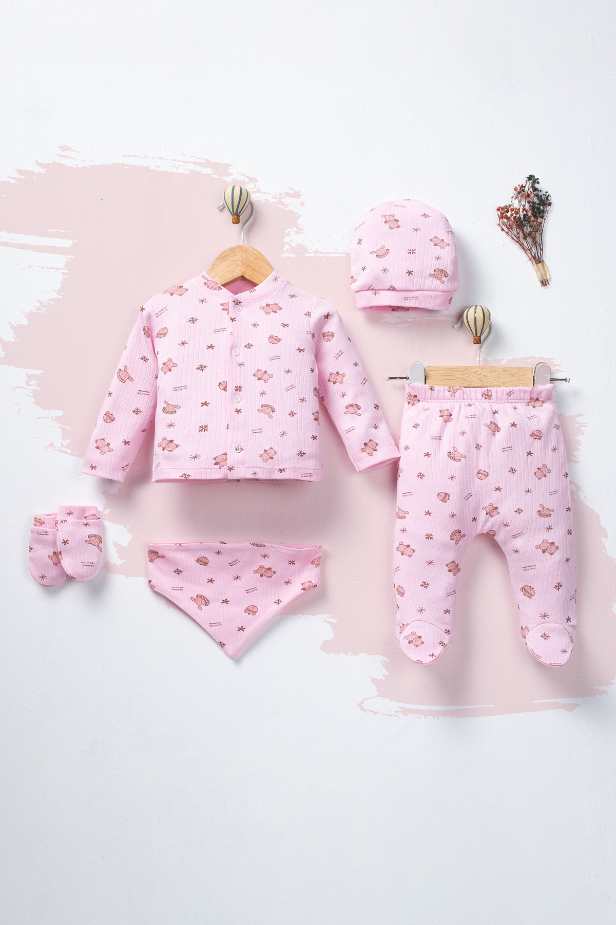 ENİA BABY Kız Bebek Pamuklu Yenidoğan 5 Parça Hastane Çıkış Seti 0-3 Ay fotoğrafı 3 (önizleme)