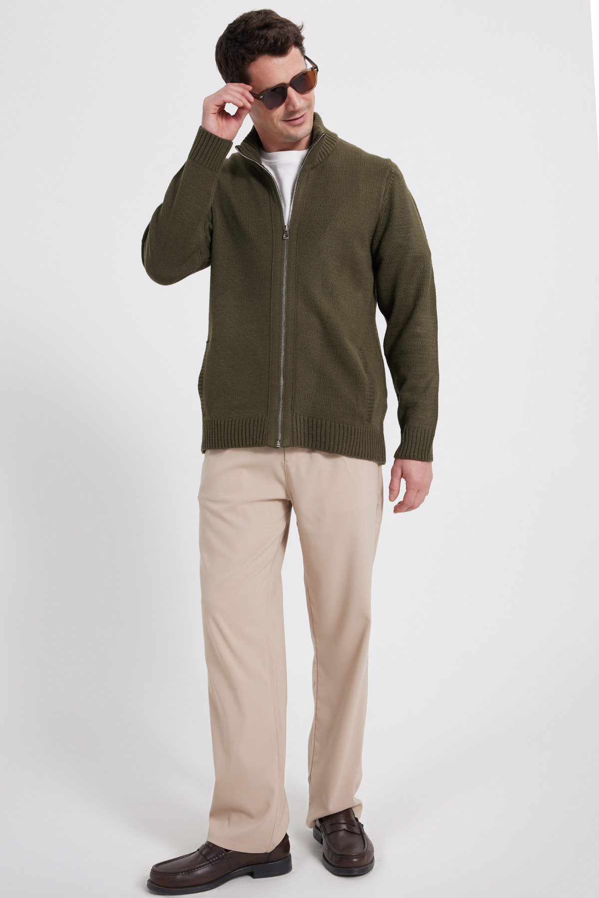 Tudors  Erkek Standart Fit Normal Kesim Fermuarlı Haki Hırka - Görsel 2