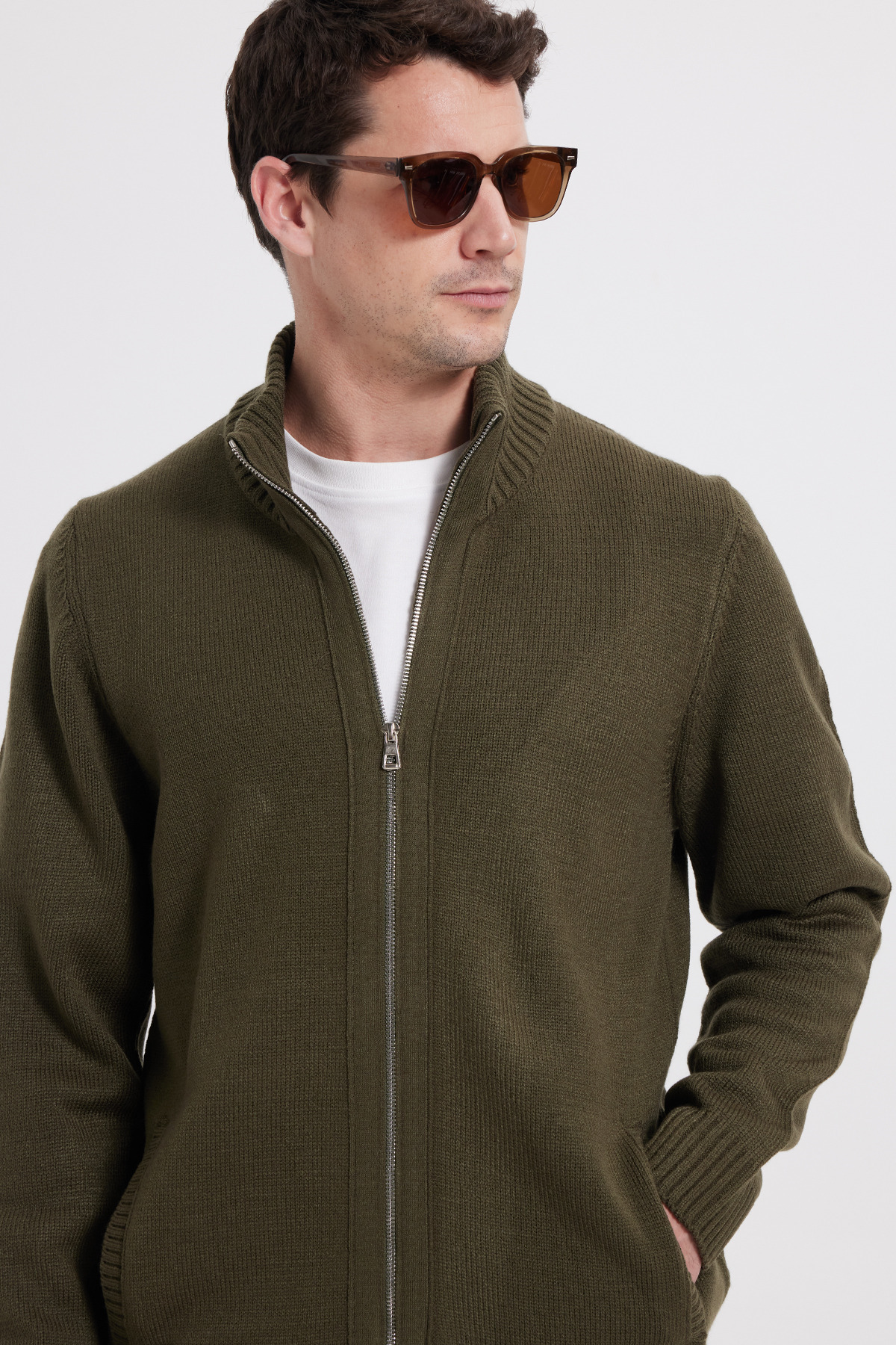 Tudors  Erkek Standart Fit Normal Kesim Fermuarlı Haki Hırka - Görsel 7