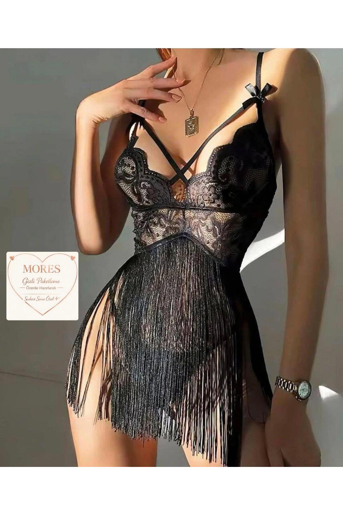 Mores Siyah Püsküllü Gecelik Takımı-Şık Tasarım