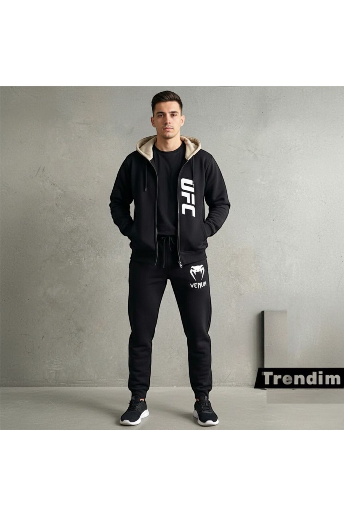 UFC & Venum Erkek Eşofman Takımı Kapüşonlu Fermuarlı Çift Renk Premium Spor Kombin ve Günlük Giyim — مشکی ufcvaryant2 — تصویر 2 از 5