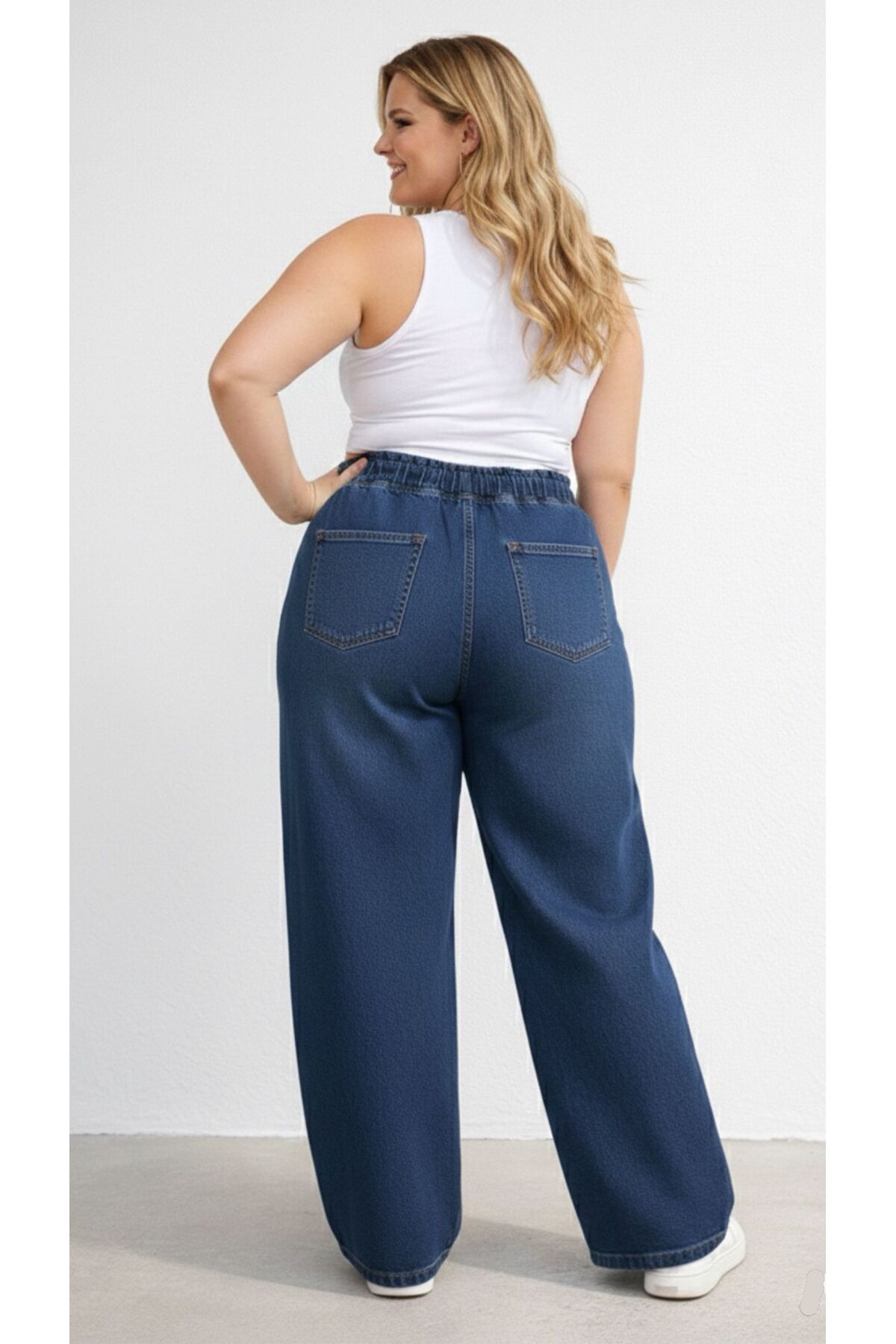 nd jeans  Yeni Sezon-Yüksek Bel Lastikli Koyu Mavi Wide Leg Pantolon - Esnek ve Rahat Kesim Jean - Görsel 3