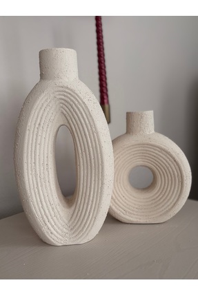 Düşler El Yapımı Traverten Dokulu Modern Dekoratif Vazo – Oval Tasarım 2’li v...
