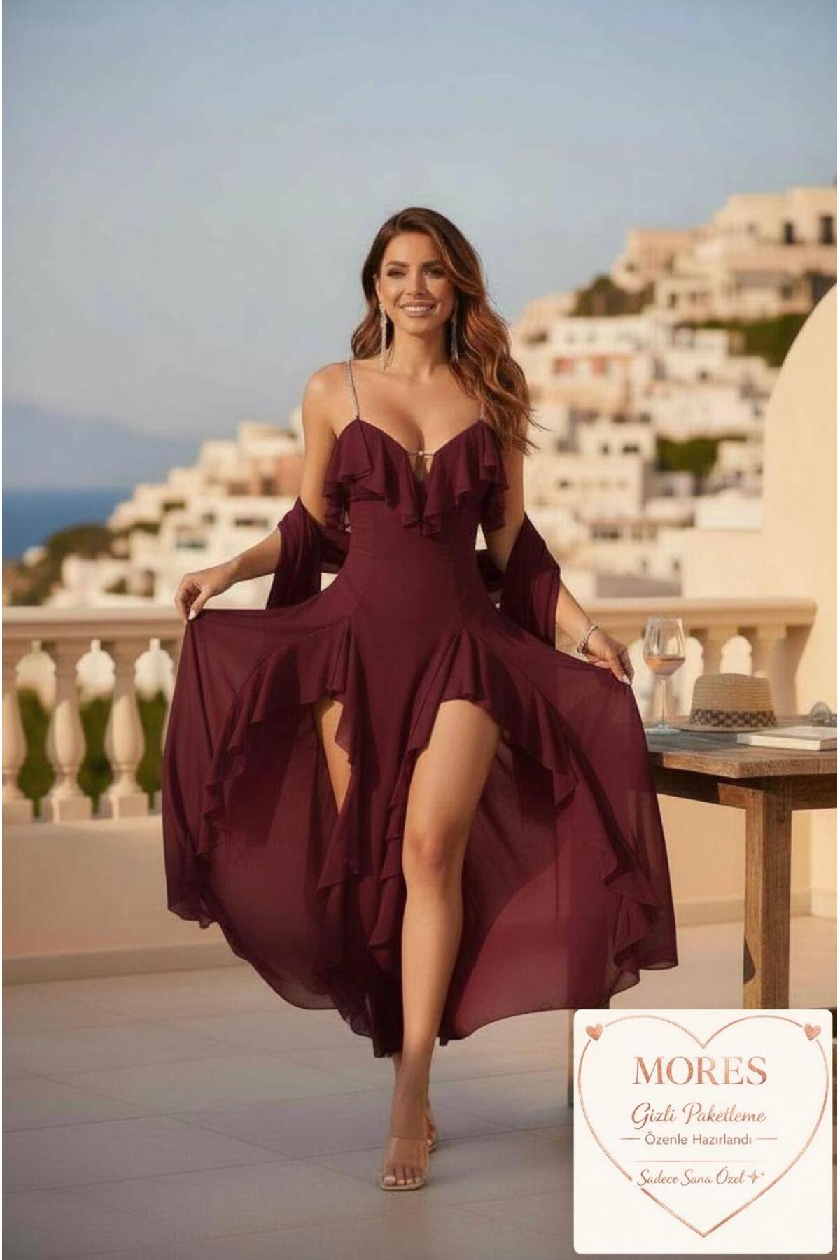 Mores Bordo Volanlı Askılı Gecelik – Şık ve Seksi Uzun Tasarım