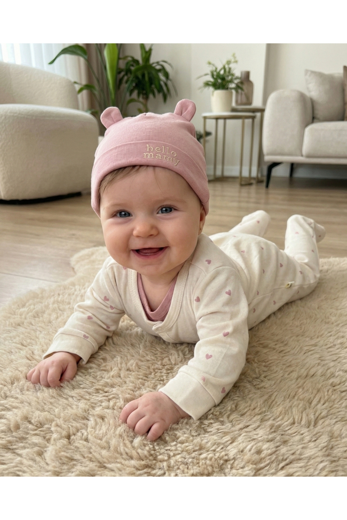 Asliva fashion 3'lü Set - Nakışlı Pembe Body, Kalpli Ayaklı Tulum ve Kulaklı Şapka Takımı fotoğrafı 2 (önizleme)