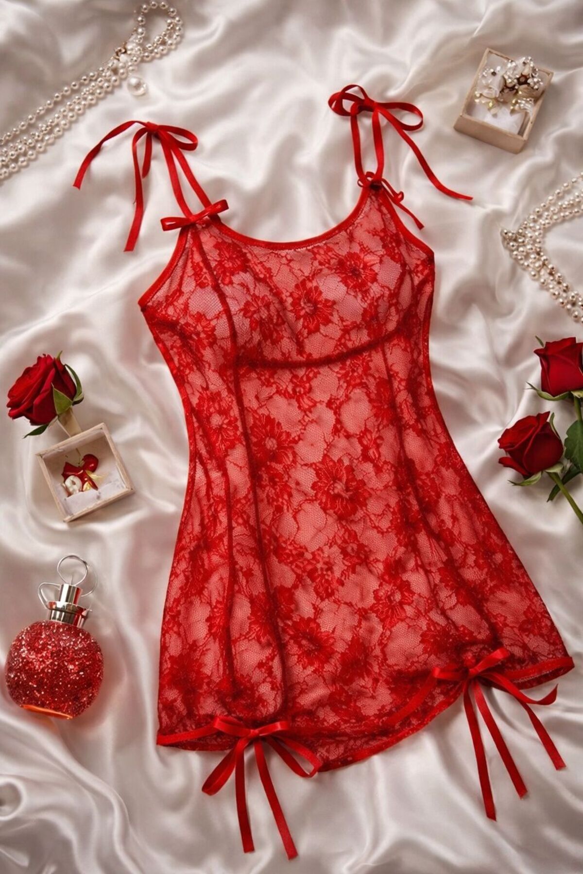 cdh çeyize dair herşey Fiyonklu Kırmızı Dantel Gecelik