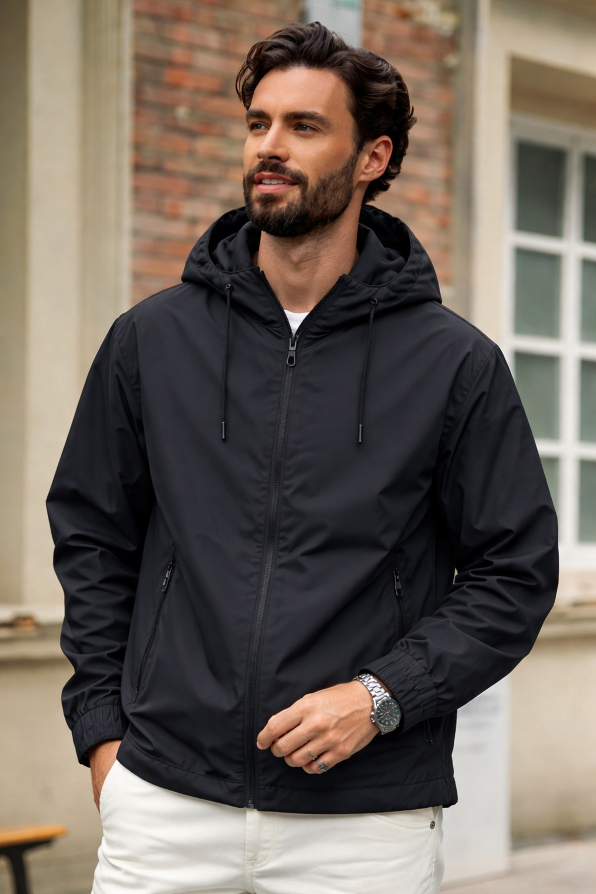 DAMGA JEANS  Erkek Trend Siyah Fermuarlı Yağmurluk