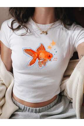 Velostra Kadın Balık Baskılı Basic Günlük Kullanım Dar Kesim T-Shirt