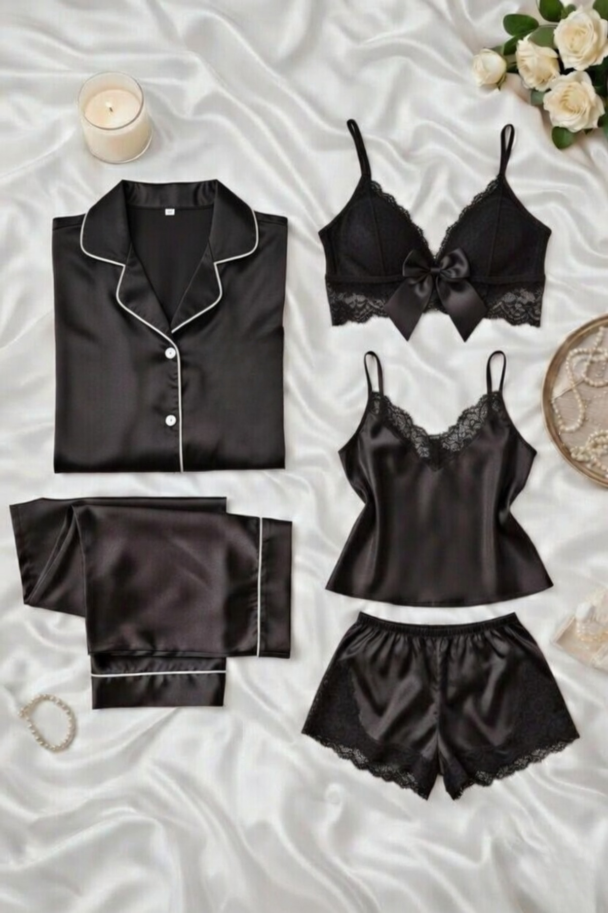 ZENCHES Kadın Saten 5’li Kutulu Çeyiz Seti Siyah-Saten Pijama Takımı,Saten Şortlu Takım,Büstiyer