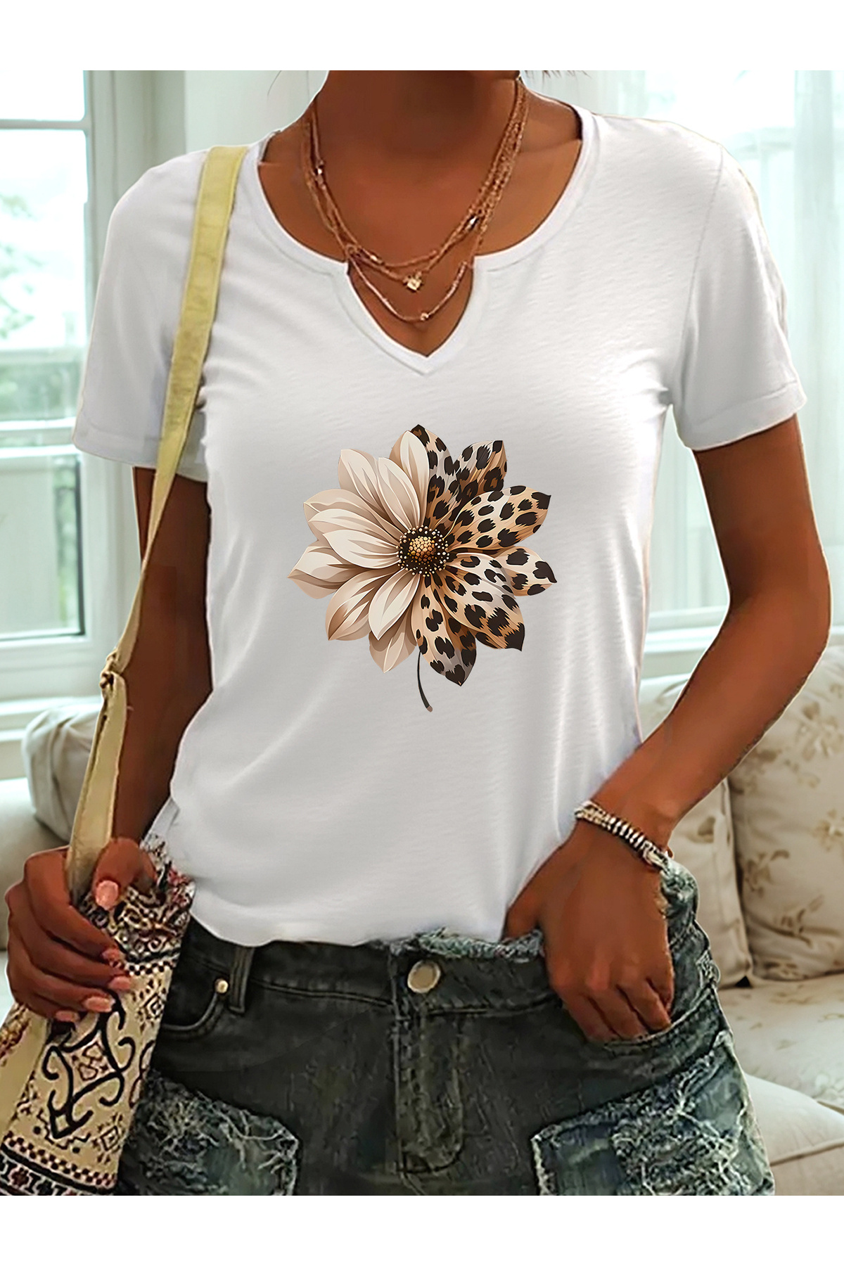 Half V-Neck Floral Heart Printed Full Fit Regular Fit T-shirt