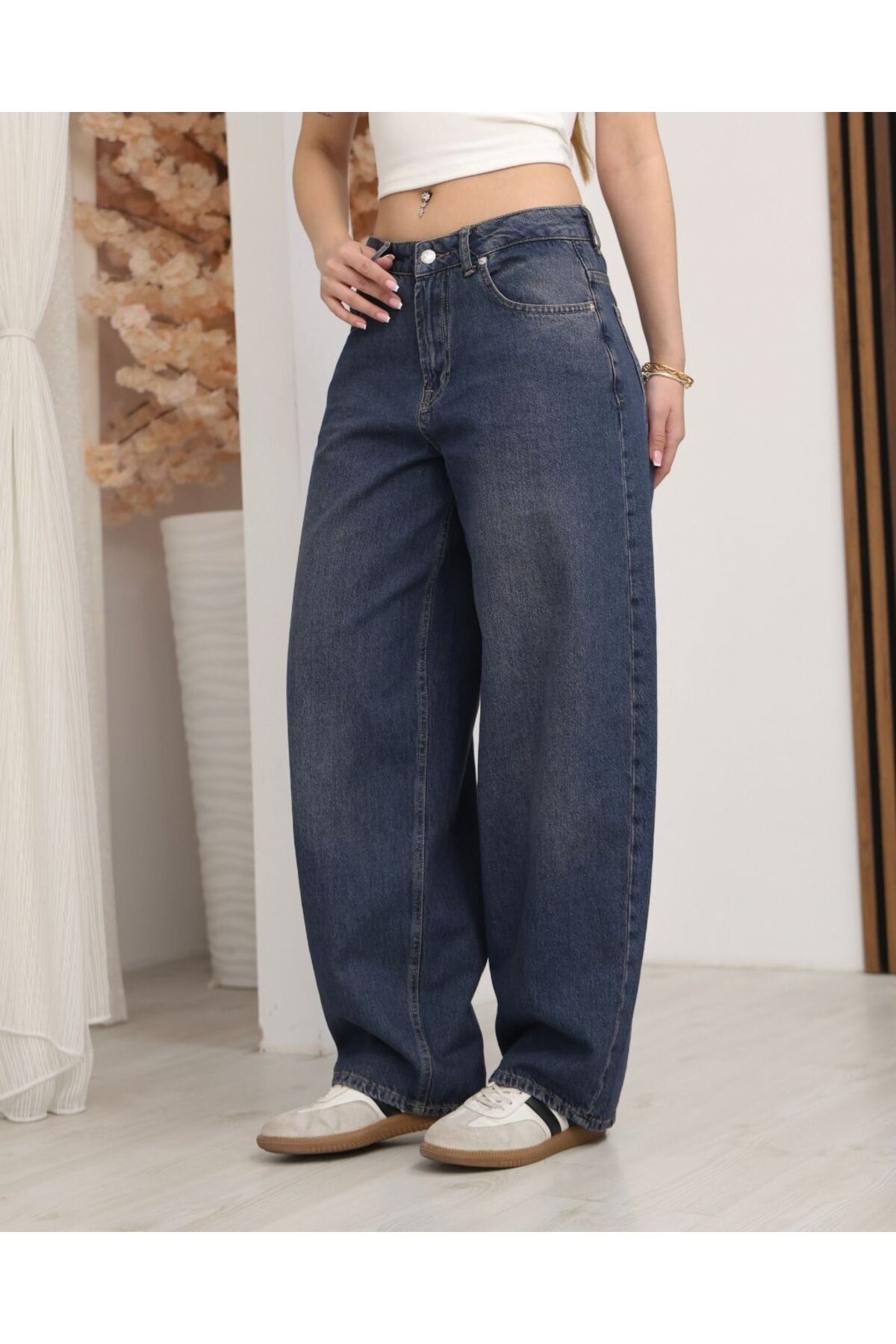 Kadın Lacivert Düşük Bel Geniş Paça Baggy Jean Pantolon Skater Model Bol Kalıp Likrasız Denim