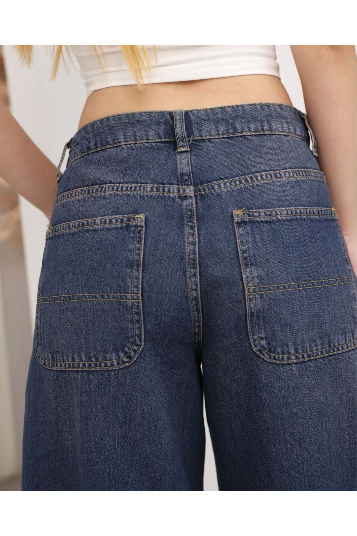 Kadın Lacivert Düşük Bel Geniş Paça Baggy Jean Pantolon Skater Model Bol Kalıp Likrasız Denim